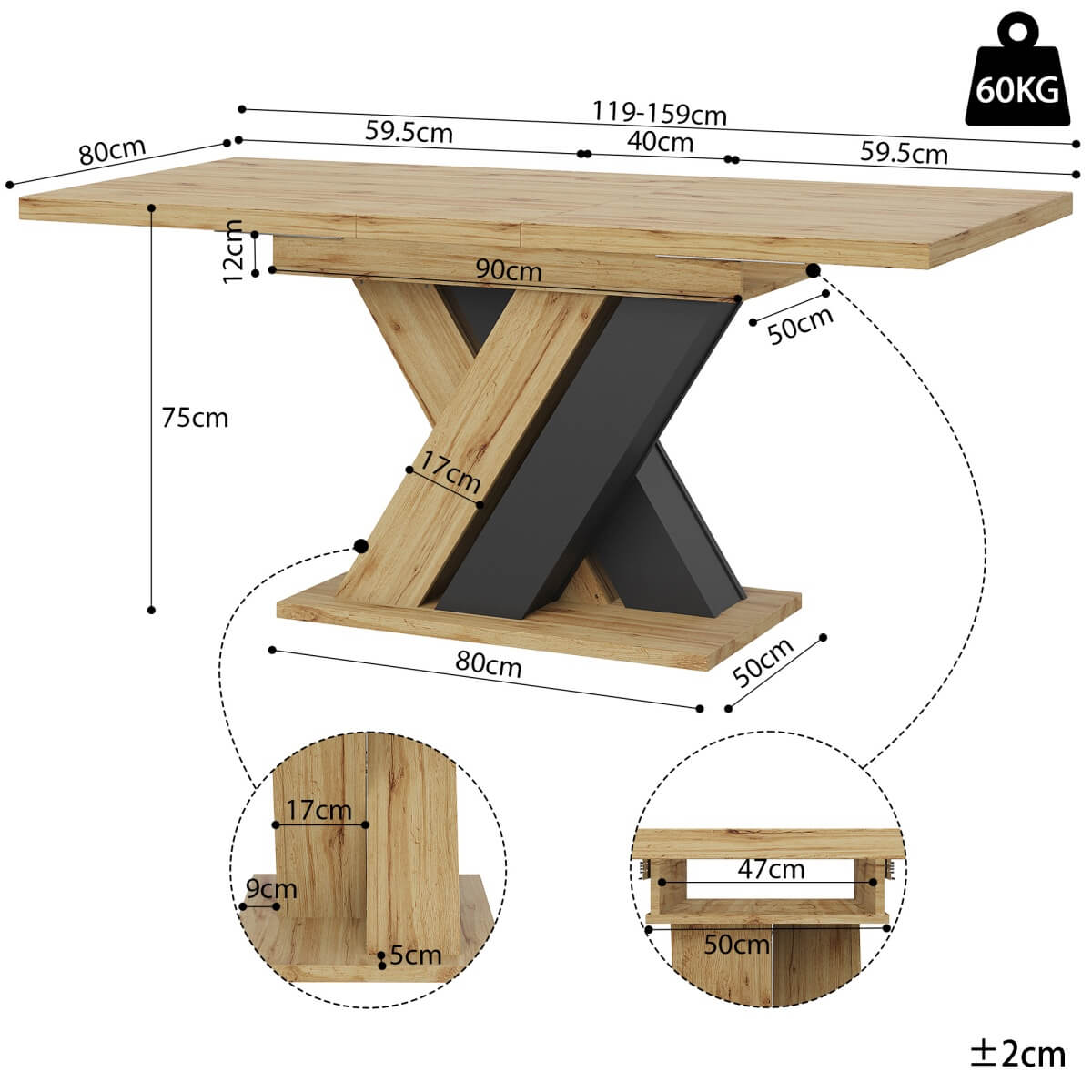 Extendable Wood-Coloured Dining Table with X-Shaped Legs – Telescopic Kitchen & Living Room Table