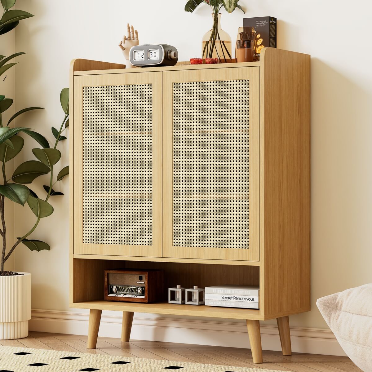 Natural Rattan Shoe Storage Cabinet - 5 Tier Freestanding Hallway Shoe Cupboard for Boots & Heels