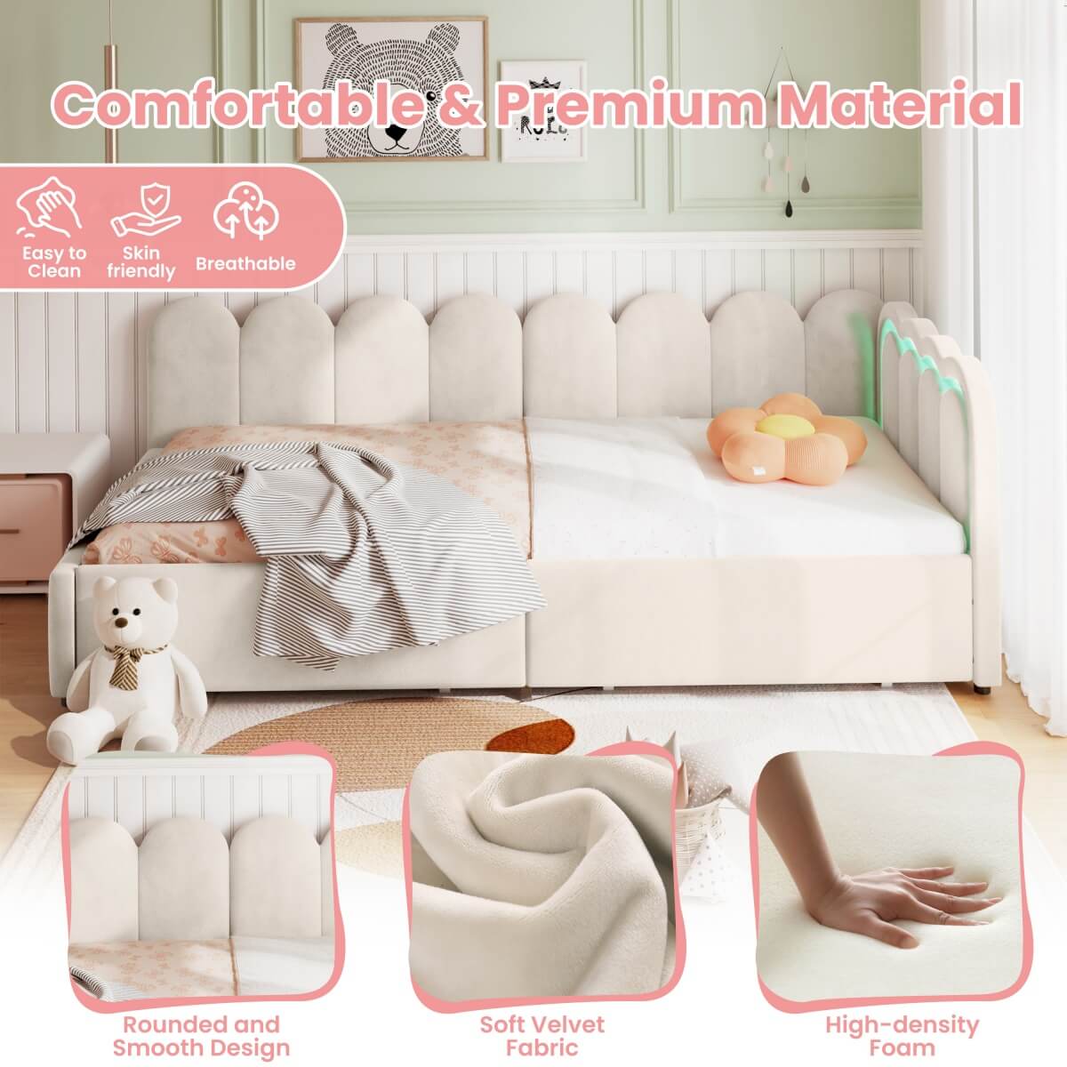 3ft Single Velvet Daybed - RGB LED Lights, 2 Storage Drawers, Scalloped Backrest, Beige