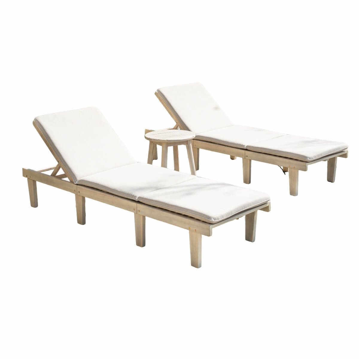 Outdoor Solid Wood Sun Lounger Set - 2 Adjustable Backrest Loungers with Round Side Table