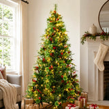 Realistic Green Artificial Christmas Tree with Pine Cones & Red Berries - Pre-Lit Warm White LED PVC Xmas Tree, Easy Setup, 5ft/6ft/7ft