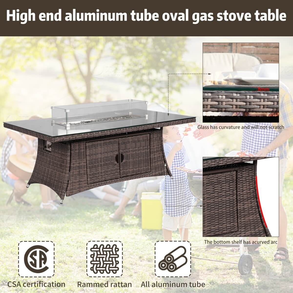6 Seater Rattan Fire Pit Dining Table - Rectangular Outdoor Table with Glass Top