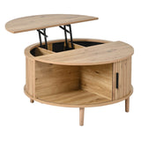 Round Lift Top Coffee Table with Vertical Slat Design - MDF Living Room Table with Hidden Storage and Sliding Door, Oak