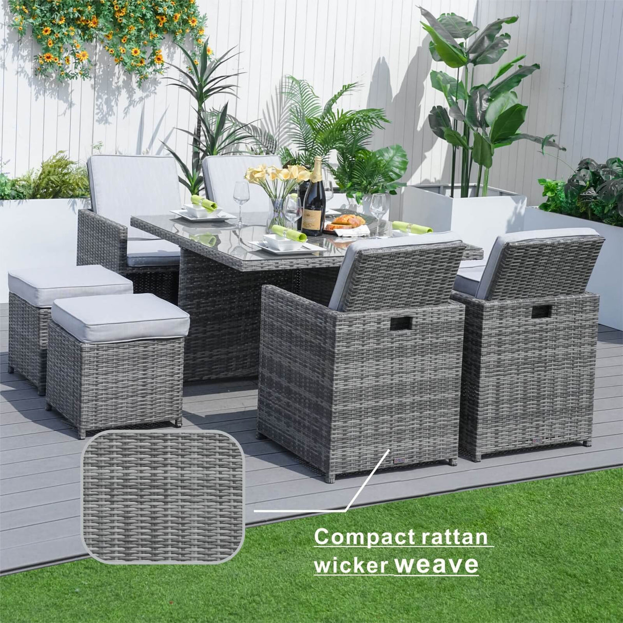 8 Seater Aluminium Rattan Dining Set – Outdoor Garden Table with 4 Chairs and 4 Footstools