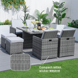 8 Seater Aluminium Rattan Dining Set – Outdoor Garden Table with 4 Chairs and 4 Footstools