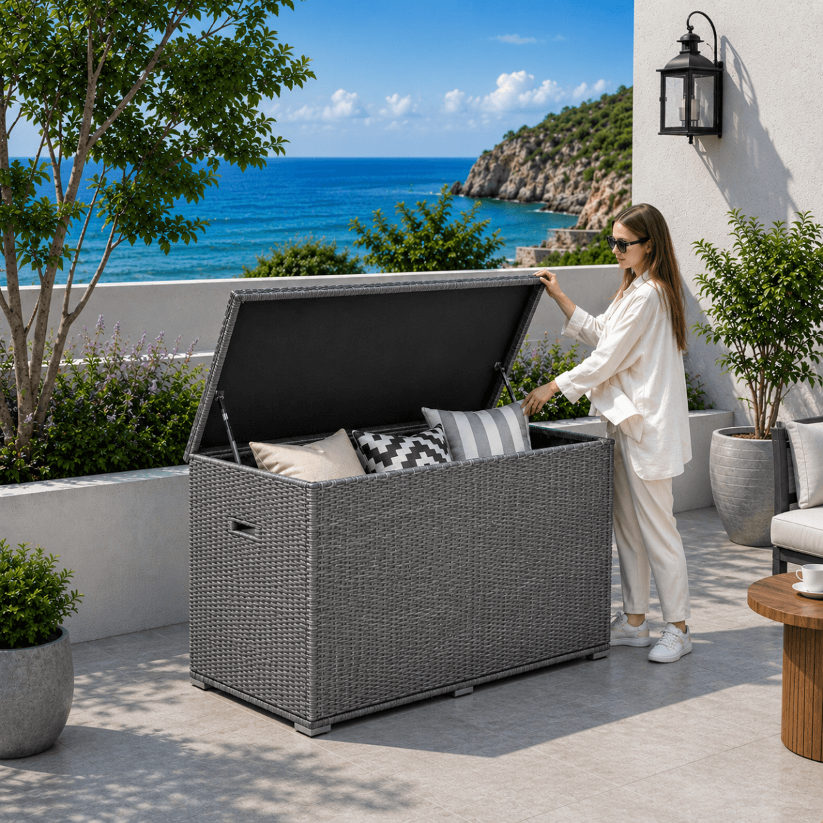 Large Outdoor Wicker Storage Box - Weatherproof Garden & Patio Chest