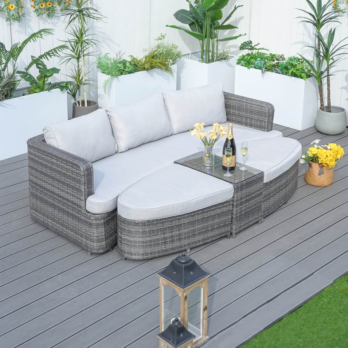 Rattan Outdoor Daybed with Coffee Table - Garden Sun Lounger Sofa