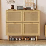 Rattan Shoe Storage Cabinet with 4 Flip Drawers - Wooden Hallway Shoe Organiser, Light Oak
