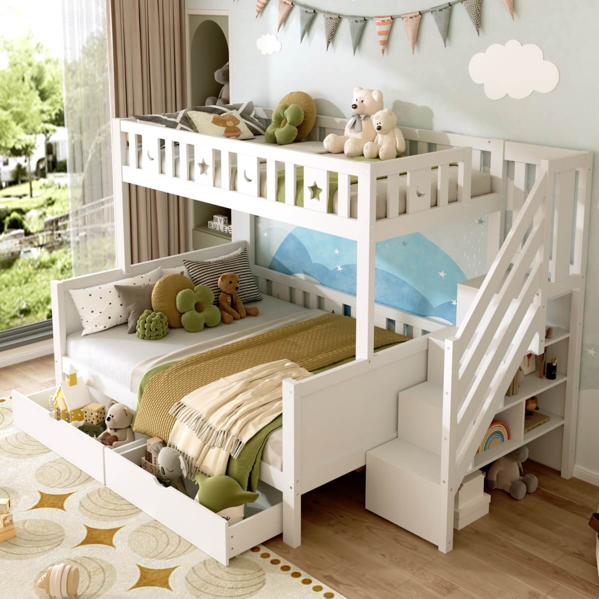 Wooden Bunk Bed with Storage Drawers and Stairs - Kids Loft Bed Frame with Guardrails, White