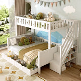 Wooden Bunk Bed with Storage Drawers and Stairs - Kids Loft Bed Frame with Guardrails, White