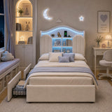 3ft Single Kids Upholstered Bed - House-Inspired LED Storage Headboard, Charging Station and 2 Reversible Drawers, Cream White