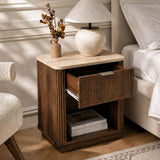 Set of 2 Modern Fluted Bedside Tables - Walnut Effect with Travertine Effect Tops, Drawer and Open Shelf