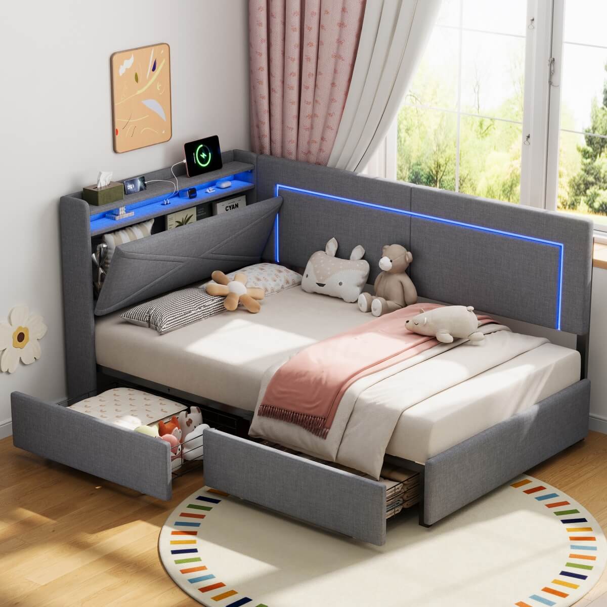 3ft Single Daybed with 2 Storage Drawers - Linen Sofa Bed with LED Headboard Storage & Charging Station, Grey