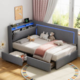 3ft Single Daybed with 2 Storage Drawers - Linen Sofa Bed with LED Headboard Storage & Charging Station, Grey