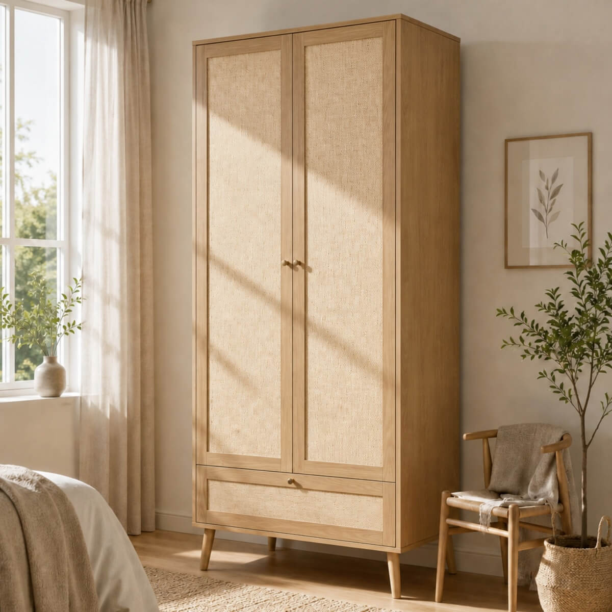 2 Door Rattan Effect Wardrobe with Drawer - Bedroom Storage Cabinet with Hanging Rail and Raised Legs, Natural Oak