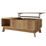 Modern Lift Top Coffee Table with 3D Wave Design - MDF Living Room Table with Open Side Storage Compartment, Oak