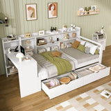 3ft Single Bed Frame with Storage Drawers & Bookcase Headboard - Modern Wooden Bed with Charging Station & Integrated Desk, White