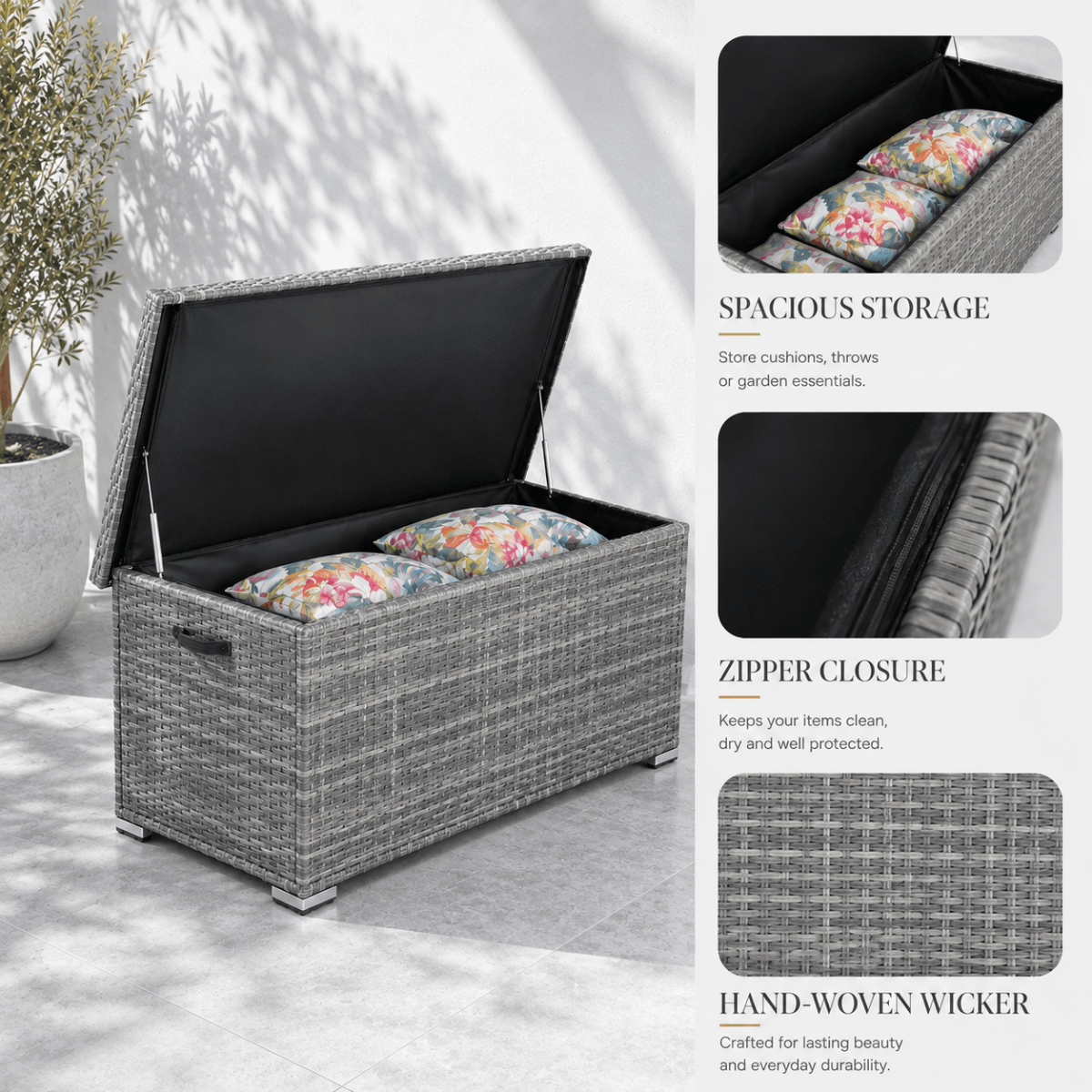 Small Outdoor Rattan Storage Box - Weather-Resistant Garden Storage Chest, Grey