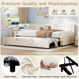 3ft Single Velvet Daybed with Trundle - Reversible Sofa Bed with RGB LED Lights and Charging Station, Beige