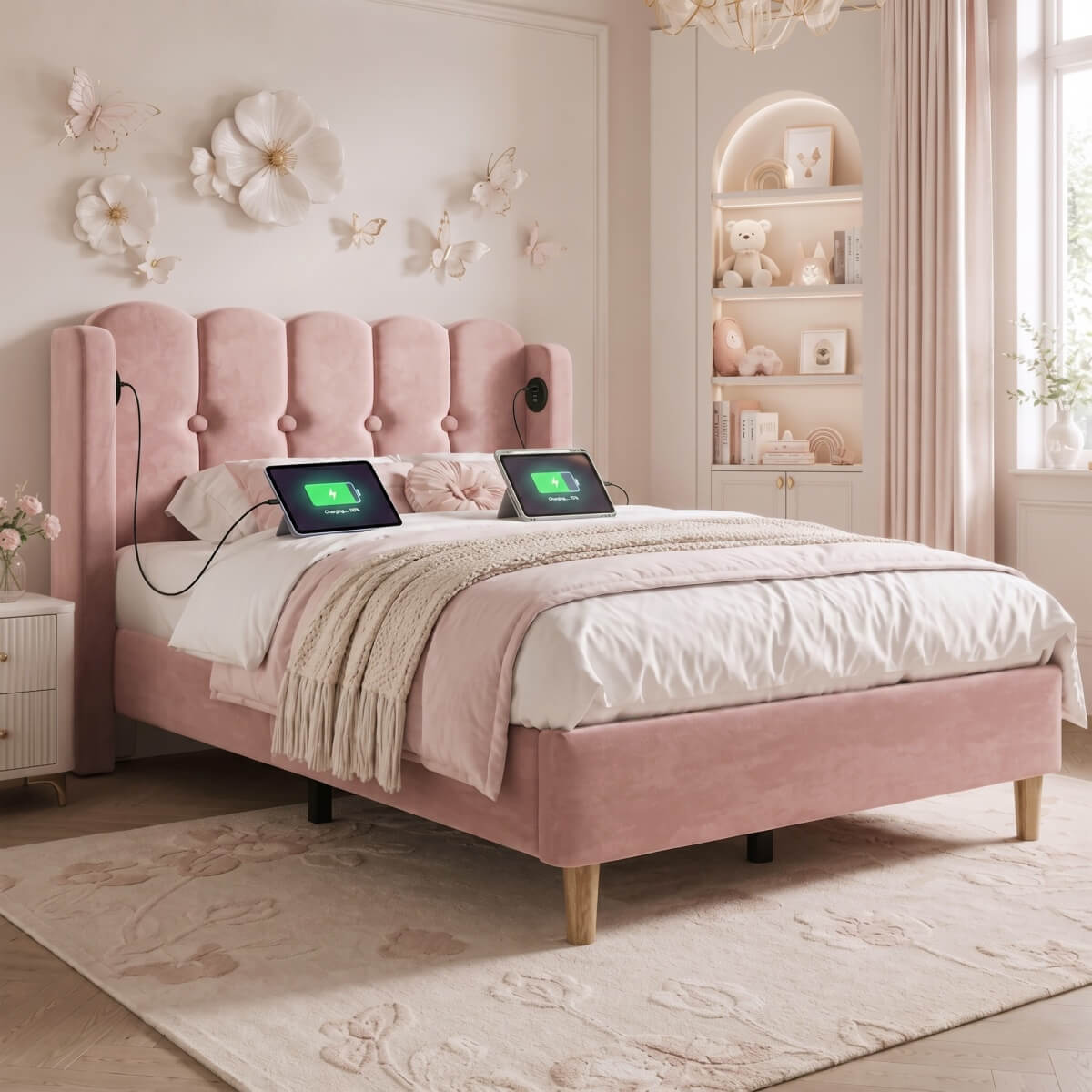 3ft Single Velvet Upholstered Bed with USB Charging - Pink Bed Frame