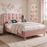 3ft Single Velvet Upholstered Bed with USB Charging - Pink Bed Frame