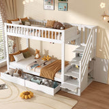 3ft Single Loft Bed with Storage - Solid Wood Cabin Bed with Stairs, Drawers & Shelves, White