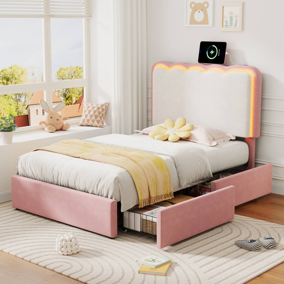 3ft Velvet Upholstered Bed with LED Wavy Headboard - Single Storage Bed with Drawers, Pink & Cream White