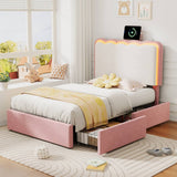 3ft Velvet Upholstered Bed with LED Wavy Headboard - Single Storage Bed with Drawers, Pink & Cream White