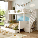 Wooden Bunk Bed with Storage Drawers and Stairs - Kids Loft Bed Frame with Guardrails, White
