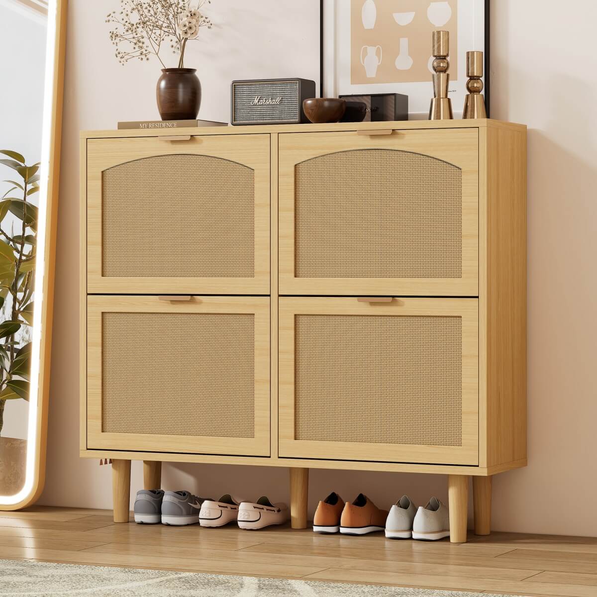 Slim Rattan Shoe Cabinet with 4 Drawers - Space Saving Hallway Storage Unit, Light Oak