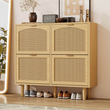 Slim Rattan Shoe Cabinet with 4 Drawers - Space Saving Hallway Storage Unit, Light Oak