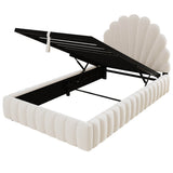 3ft Single Kids Storage Bed - Velvet Princess Bed with Shell-Shaped Padded Headboard & Hydraulic Lift-Up Storage, Beige
