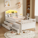 3ft Single Wooden Storage Bed with LED House Headboard, Drawer, USB & Type-C Charging, White