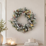 Snow-Flocked Christmas Wreath with Pine Cones & Red Berries - PVC Wreath with Pre-Lit LED Lights