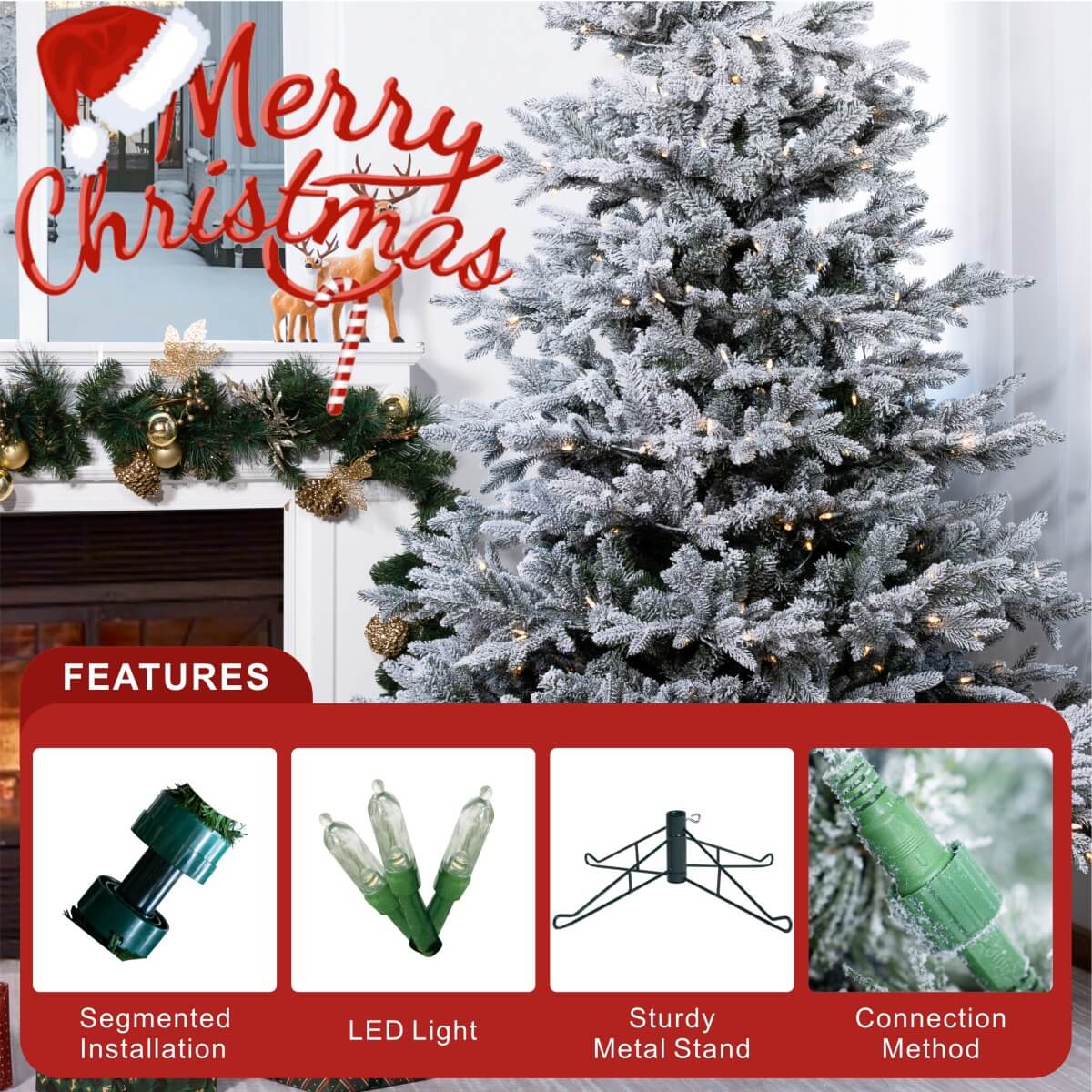 Pre-Lit Flocked Christmas Tree - Artificial Snow-Flocked Christmas Tree with Built-in Lights