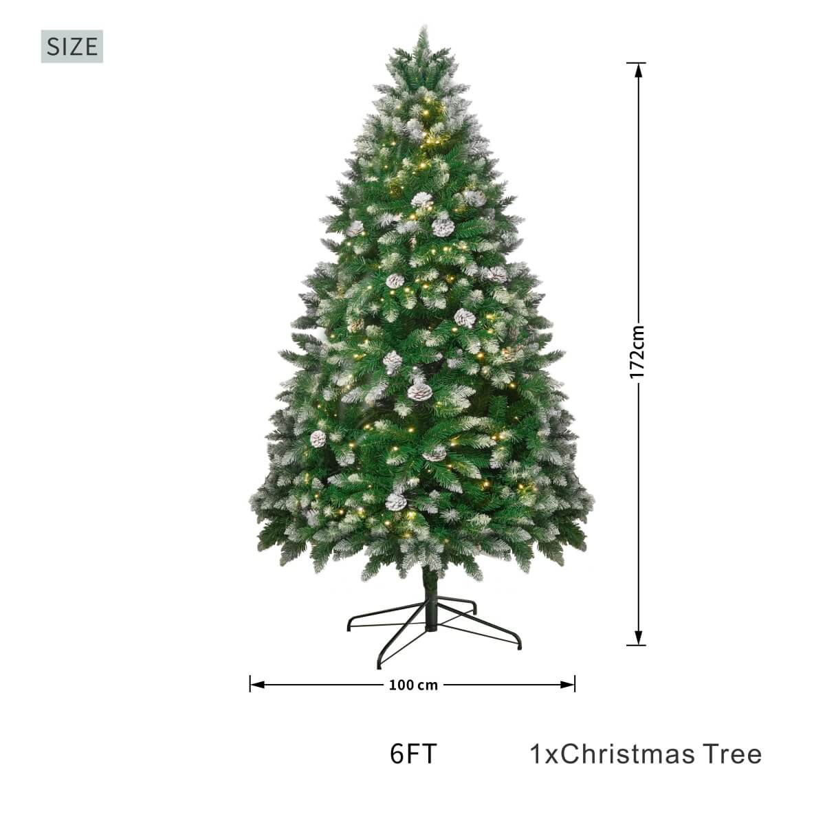 Snow Flocked Artificial Christmas Tree with Pine Cones - Full PVC Xmas Tree with 8-Mode Warm White LED Lights, 6ft/7ft