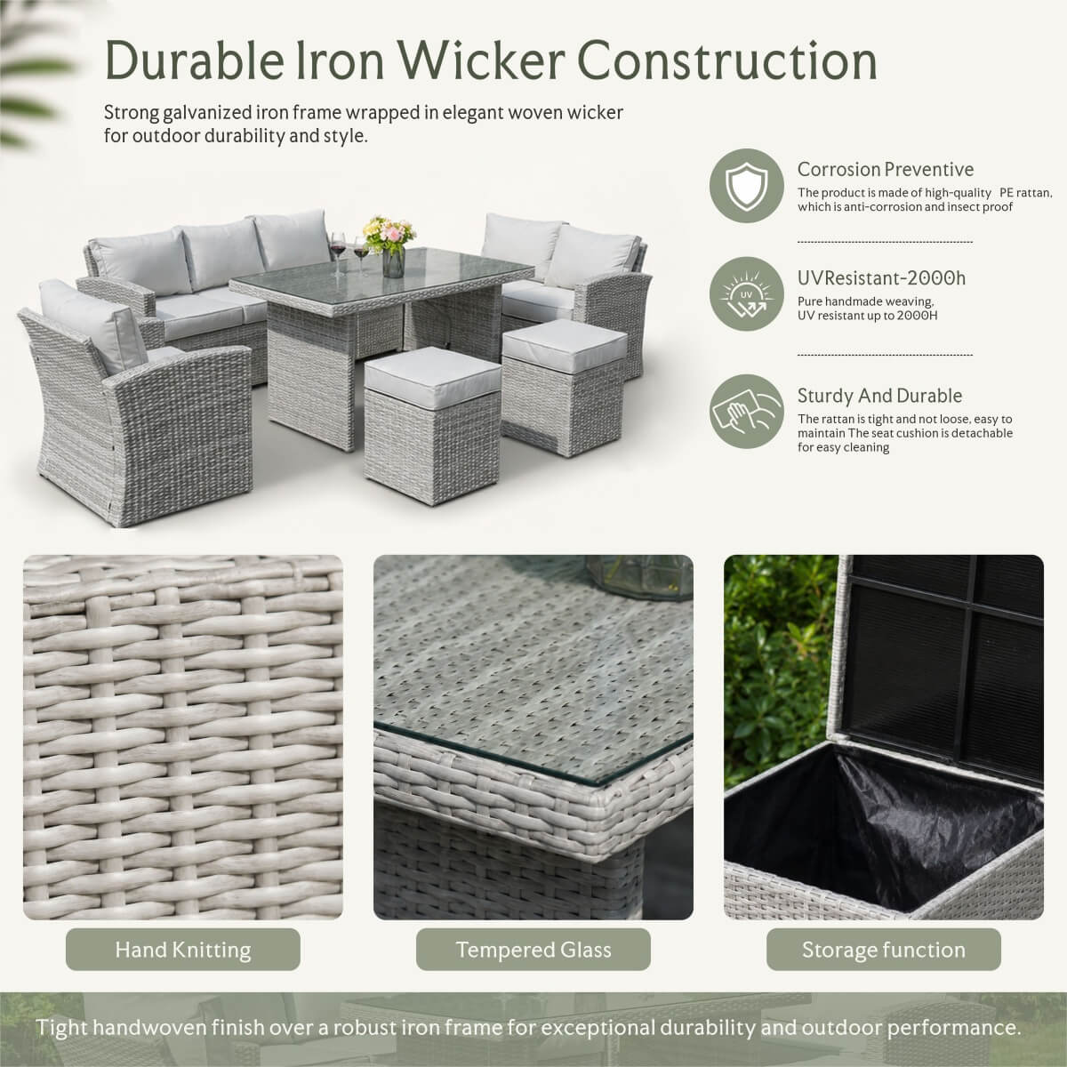 8 Seater Outdoor Rattan Sofa Set with Side Table & Footstools - Garden Furniture Set, Whitewash