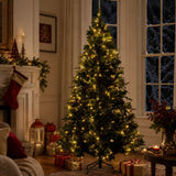 Realistic Green Artificial Christmas Tree with Pine Cones & Red Berries - Pre-Lit Warm White LED PVC Xmas Tree, Easy Setup, 5ft/6ft/7ft