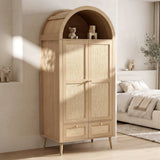 180cm Rattan Effect 2 Door Wardrobe with Arched Top - Natural Oak Storage Wardrobe with Hanging Rail, Display Shelf and 2 Drawers