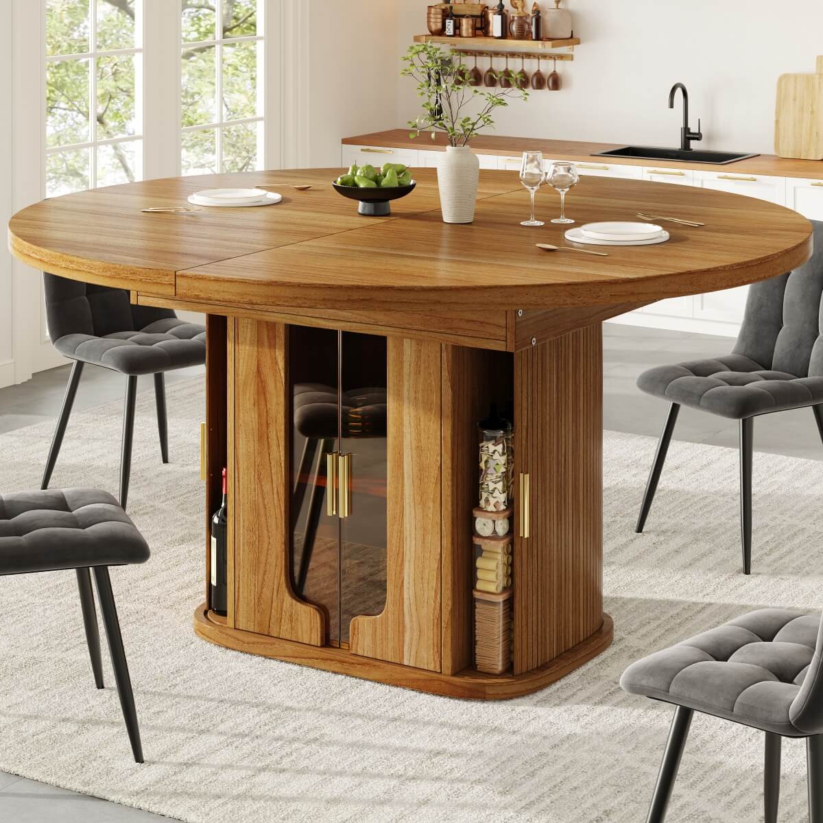 Extendable Round Dining Table 118–158cm - Kitchen Table Converts to Oval, Seats 6, Glass Door Storage, Walnut