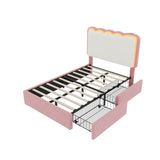 3ft Velvet Upholstered Bed with LED Wavy Headboard - Single Storage Bed with Drawers, Pink & Cream White