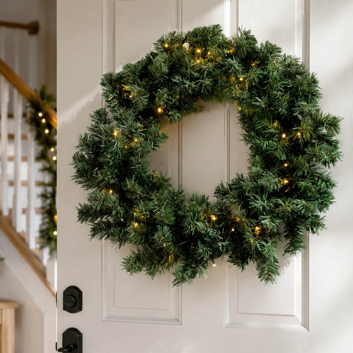 Pre-Lit Artificial Christmas Wreath - Realistic PVC Foliage Wreath with Warm White LED Lights for Door & Home Decoration
