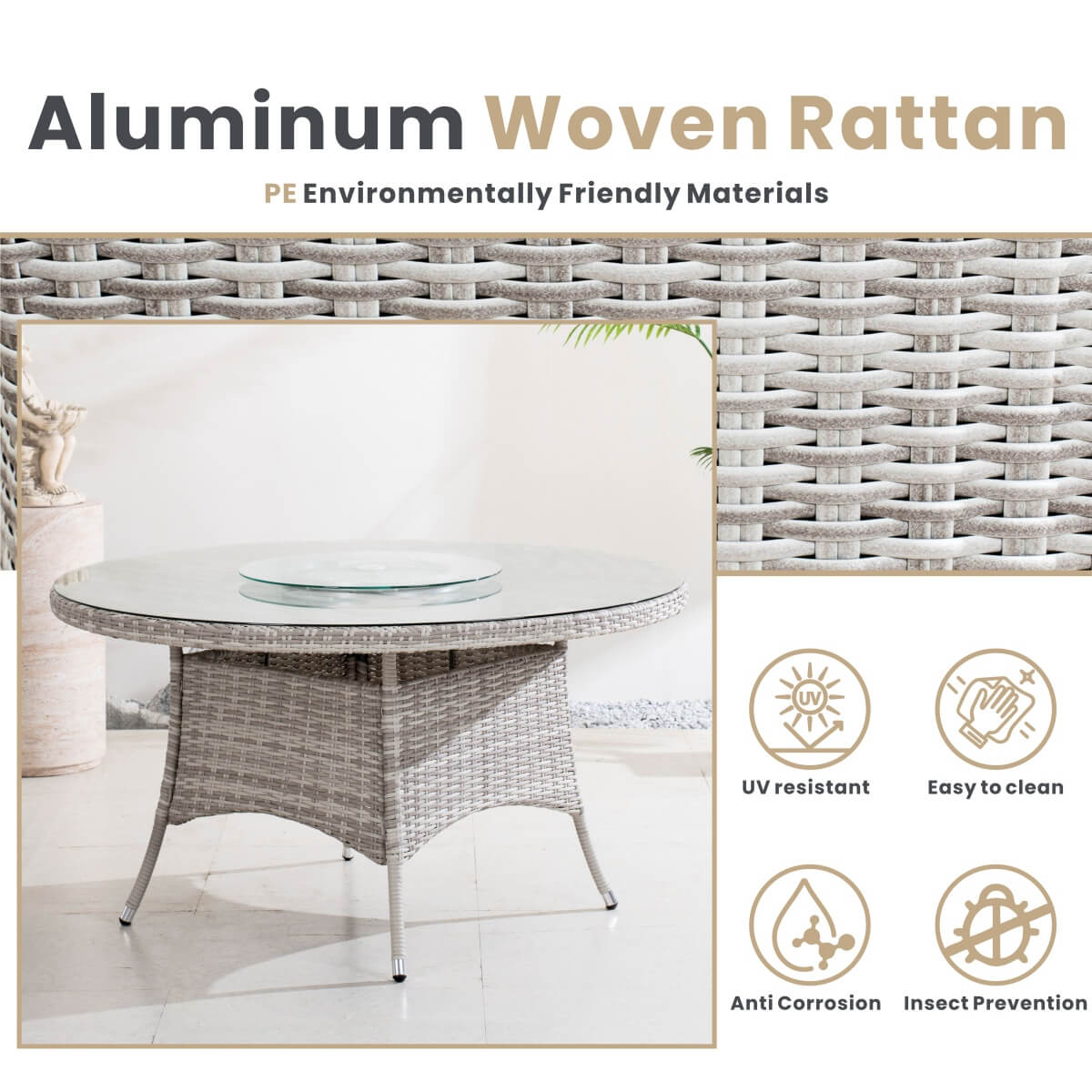 6 Seater Outdoor Rattan Round Dining Table - Glass Turntable & Parasol Hole Garden Table