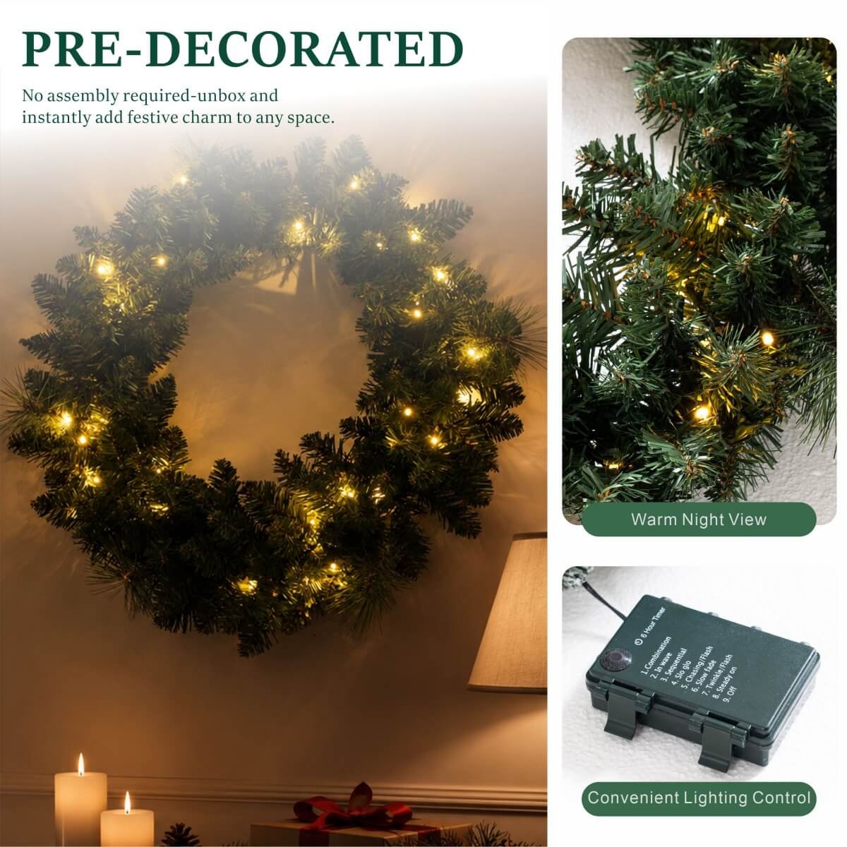 Artificial Christmas Wreath - Realistic PVC Foliage Wreath with Pre-Lit LED Lights for Festive Home & Door Decoration