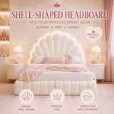 3ft Single Kids Storage Bed - Velvet Princess Bed with Shell-Shaped Padded Headboard & Hydraulic Lift-Up Storage, Beige
