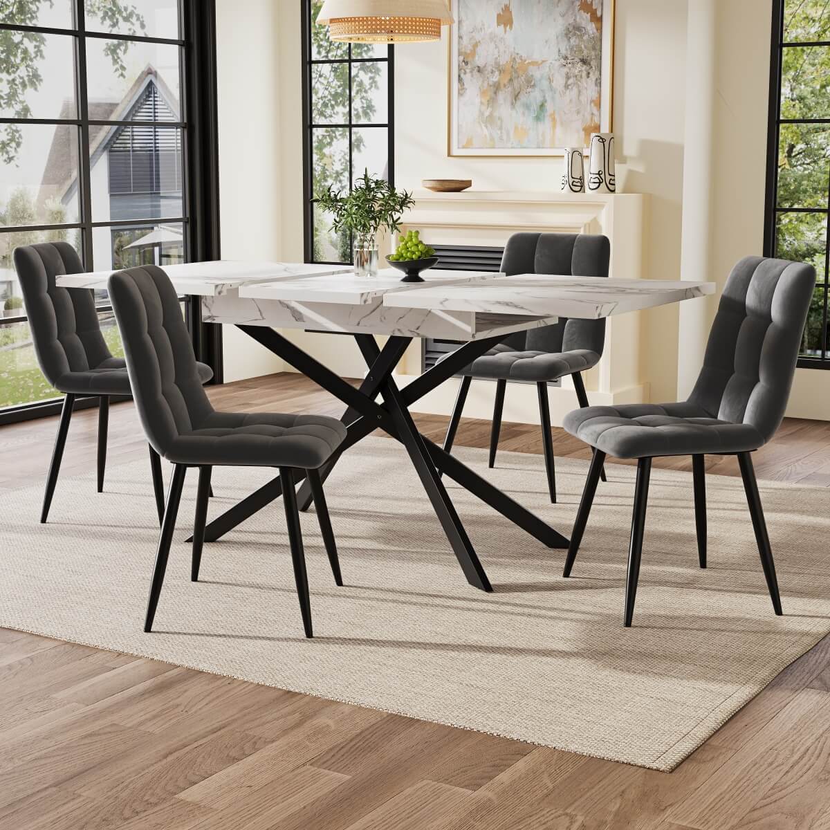 Extendable Dining Table 120–160 cm – Space-Saving Telescopic Table with Crossed Metal Legs, Marble Effect Top