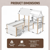 Kids House Bed with Safety Guard Rail - Solid Wood Bed Frame with L-Shaped Desk, Bookcase & Rolling Storage Drawers, White