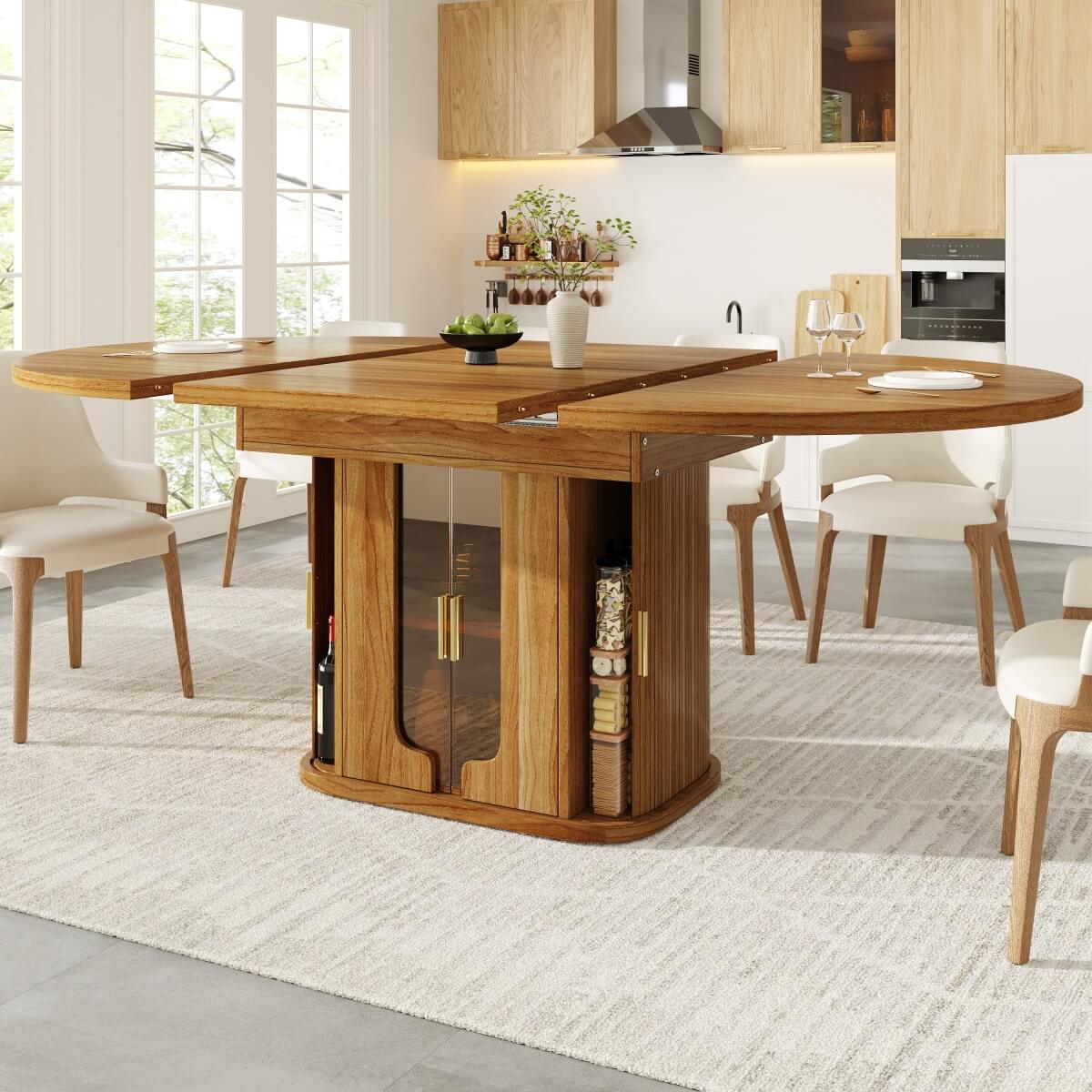 Extendable Round Dining Table 118–158cm - Kitchen Table Converts to Oval, Seats 6, Glass Door Storage, Walnut