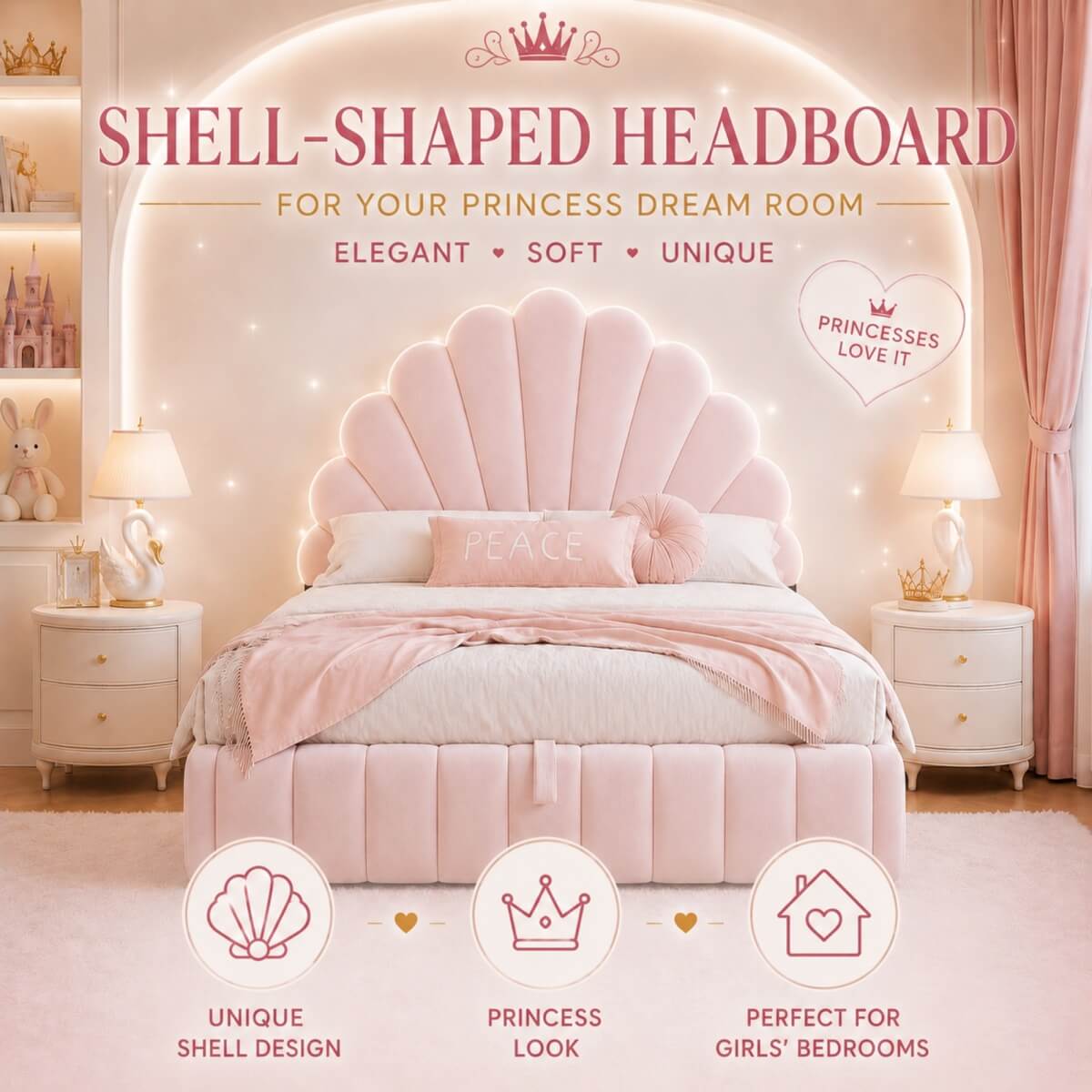 3ft Single Kids Storage Bed - Velvet Princess Bed with Shell-Shaped Padded Headboard & Hydraulic Lift-Up Storage, Pink