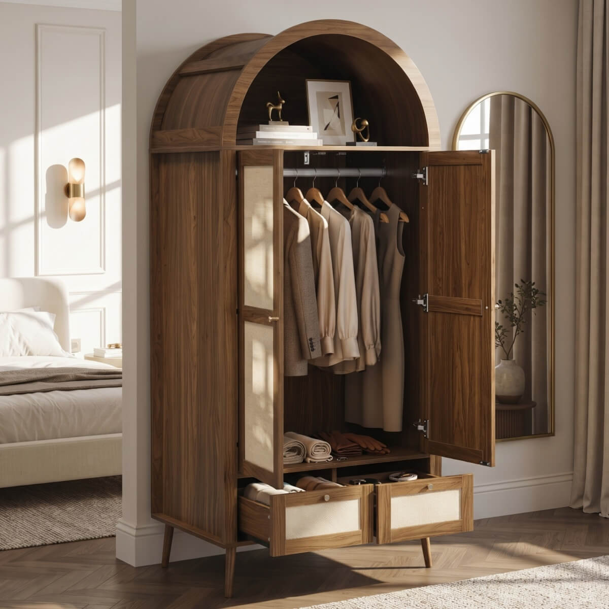 180cm Rattan Effect 2 Door Wardrobe with Arched Top - Walnut and Beige Storage Wardrobe with Hanging Rail, Display Shelf and 2 Drawers